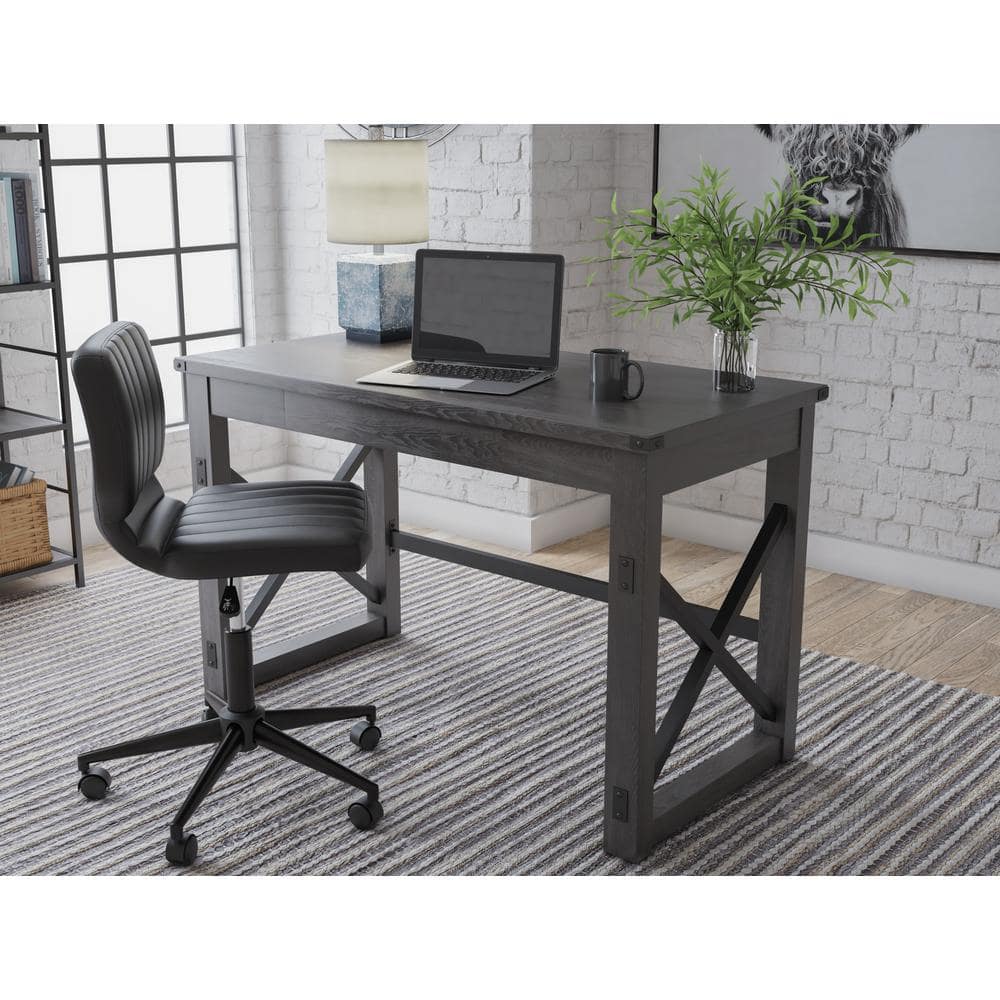 Dark Gray Rustic Wood Office Desk with Drawer and Iron X-Base