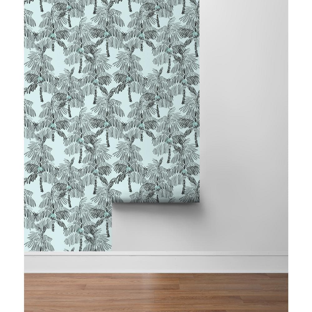 Sky Blue and Black Tropical Palm Peel and Stick Wallpaper