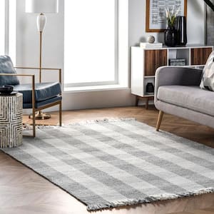 Ellis Hand Woven Farmhouse Plaid Fringe Gray 5 ft. x 8 ft. Area Rug