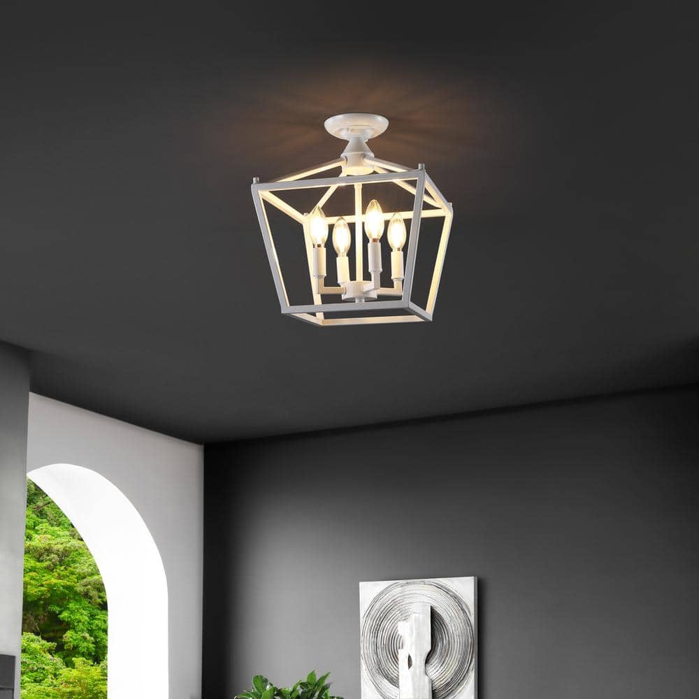 White Iron Farmhouse LED Lantern Flush Mount Light