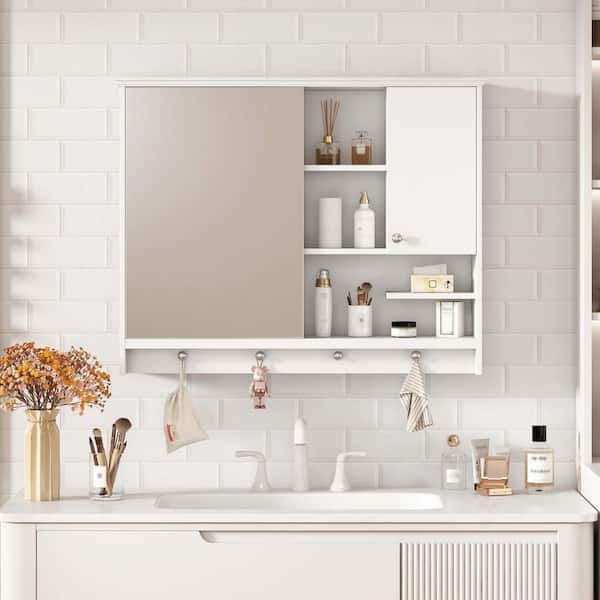 36 in. W x 7 in. D x 28 in. H Bathroom Storage Wall Cabinet in White, Multipurpose Space Saver Wall Mount Mirror Cabinet