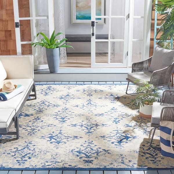 Courtyard Ivory/Navy 9 ft. x 12 ft. Border Geometric Medallion Indoor/Outdoor Patio  Area Rug
