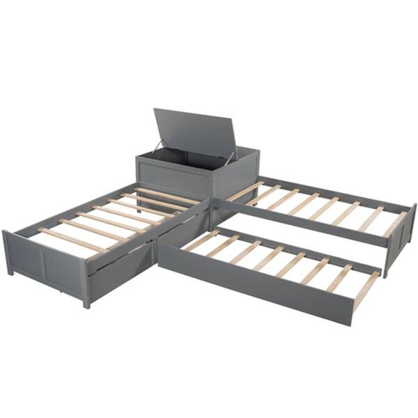 Donason 119.30 in. W Gray Twin Size L-Shaped Wood Frame Platform Bed with Trundle and Drawers