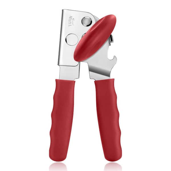 Heavy Duty Manual Can Opener Hand Held with Comfort Grip, Built-in Magnet, and Bottle Opener for Effortless Use in Red