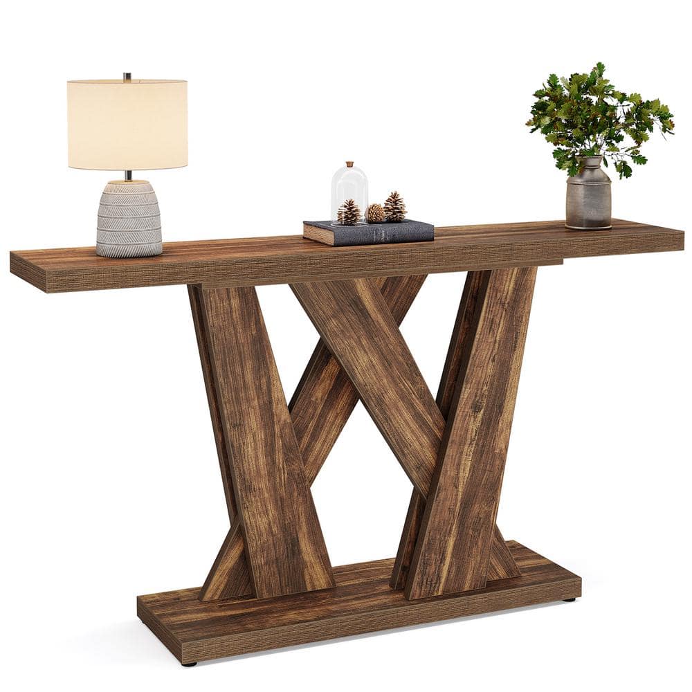 Rustic Brown 55'' Wood Console Table with Geometric Base