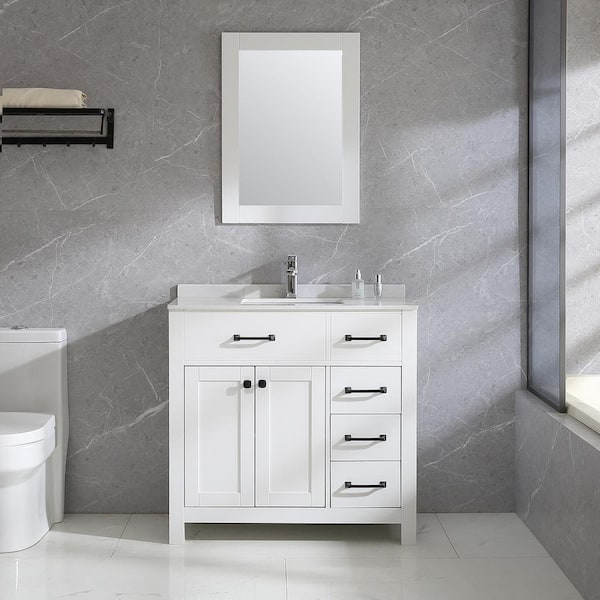 Wonline Wonline 35.4 in. W x 17.7 in. D x 31.5 in. H Single Sink Bath Vanity in White with White Ceramics Top and Mirror