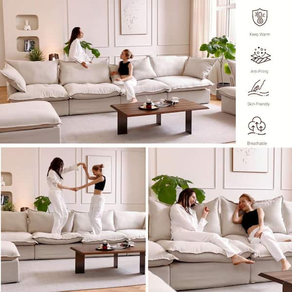 Modern 123 in. Flared Arm Oversized Down Filled Linen L-Shaped Modular Cloud Sofa in. Beige for Home Office