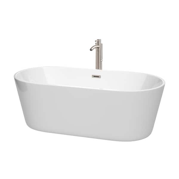 Wyndham Collection Carissa CD 67 in. x 31.5 in. Soaking Bathtub with Center Drain in White with Brushed Nickel Trim and Faucet