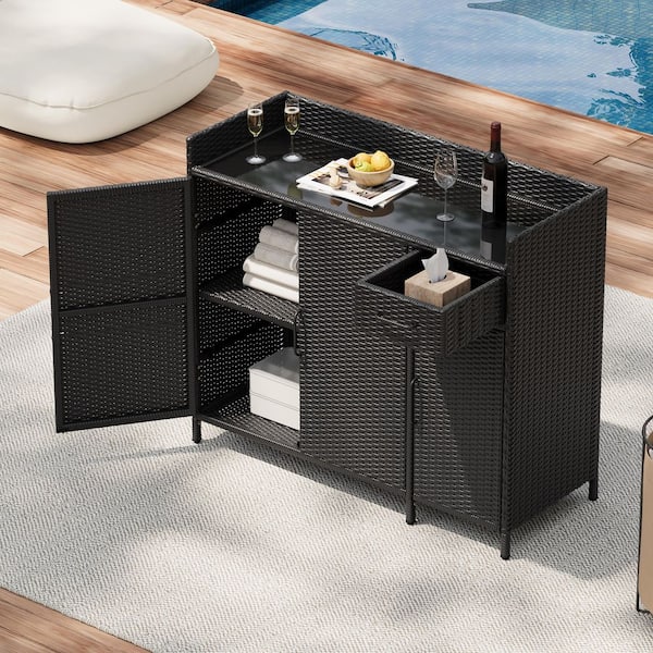 47.5 in. W x 15.8 in. D x 39.5 in. H Black Wicker Outdoor Storage Cabinet with Tempered Glass Desktop