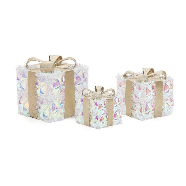11 in. 3-Piece Silver Prism Gift Boxes with Gold Ribbon Outdoor Christmas Decoration with Lights