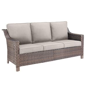 Skinny Guy Series 3-Seat Brown Wicker Outdoor Patio Sofa Couch with Cushion Guard Beige Cushions
