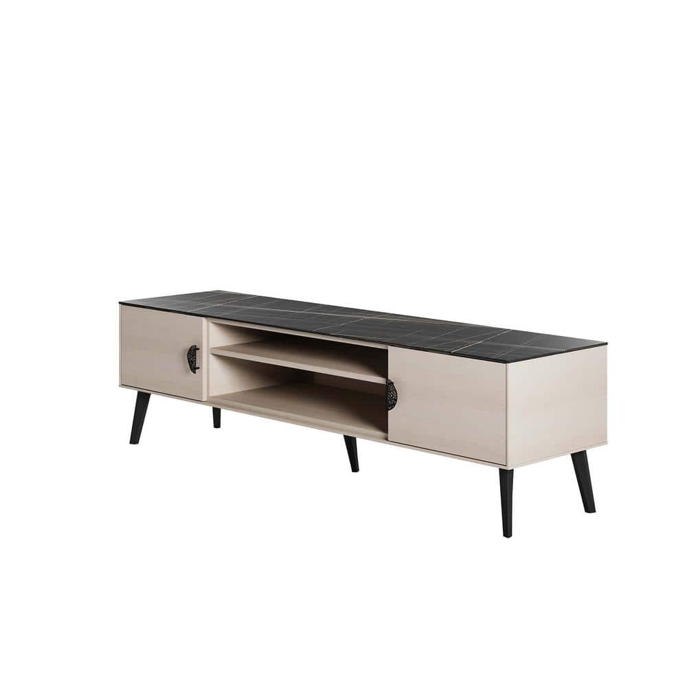 Haley 70.9" White and Black Marble TV Stand with Cabinet