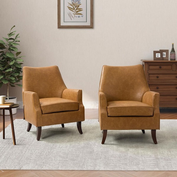 JAYDEN CREATION Scylla Vegan Leather Camel Armchair with Solid Wood Legs (Set of 2)