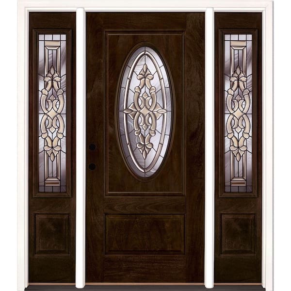Feather River Doors 67.5 in.x81.625in.Silverdale Patina 3/4 Oval Lt Stained Chestnut Mahogany Rt-Hd Fiberglass Prehung Front Door w Sidelite