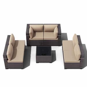 7-Piece Wicker Outdoor Patio Furniture Sectional Set with Sand Cushions and Coffee Table