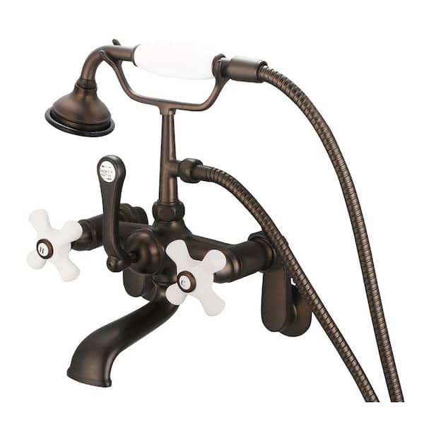 Water Creation 3-Handle Vintage Claw Foot Tub Faucet with Hand Shower and Porcelain Cross Handles in Oil Rubbed Bronze