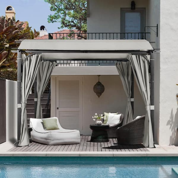 JOYSIDE 11 ft. x 11 ft. Black Steel Arched Pergola with Grey Curtain and Canopy