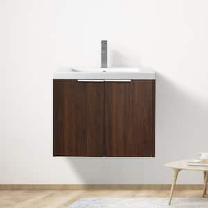 24 in. W x 18 in. D x 19 in. H Float Mounting Bath Vanity in Walnut with White Resin Basin Top,Soft Close Doors