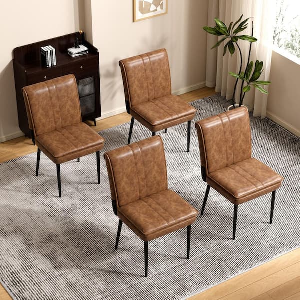 Upholstered Dining Chairs (Set of 4), Faux Leather Kitchen Chairs with Metal Legs, Modern Brown Dining Room Side Chairs