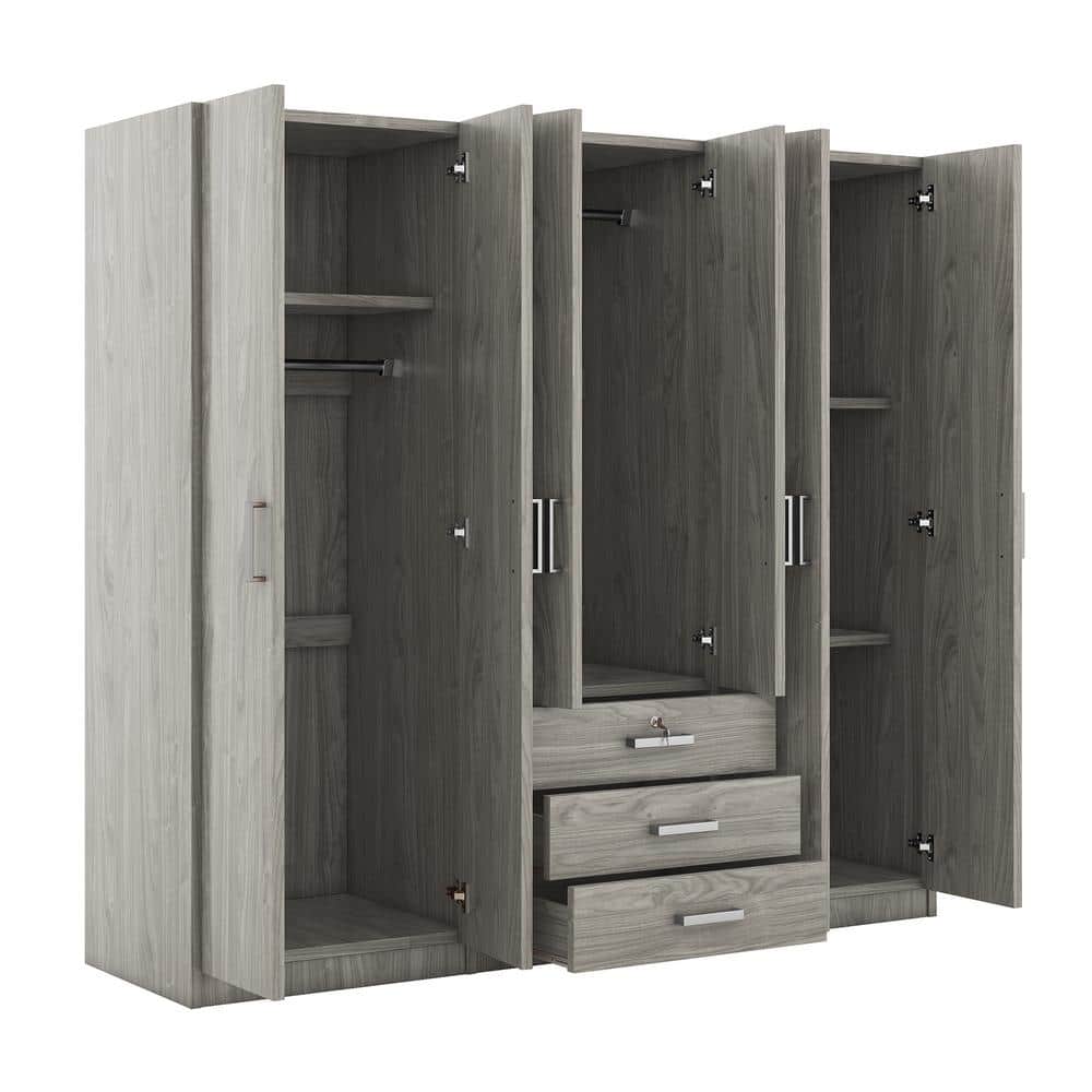 White Wood 70.9 in. 6-Door Wardrobe Armoire with 3-Drawers, 5-Storage Shelves and 3-Hanging Rails - thumbnail 8