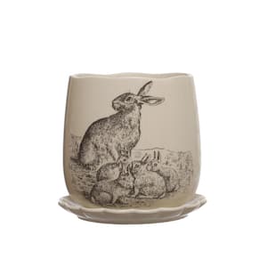 6.5 in. L x 6.5 in W x 6 in. H 4 Qt. White and Charcoal Stone Decorative Pots with Rabbit Design and Scalloped Saucer