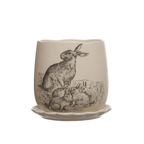 Storied Home 6.5 in. L x 6.5 in W x 6 in. H 4 qts. White & Charcoal Stone Decorative Pots with Rabbit Design and Scalloped Saucer