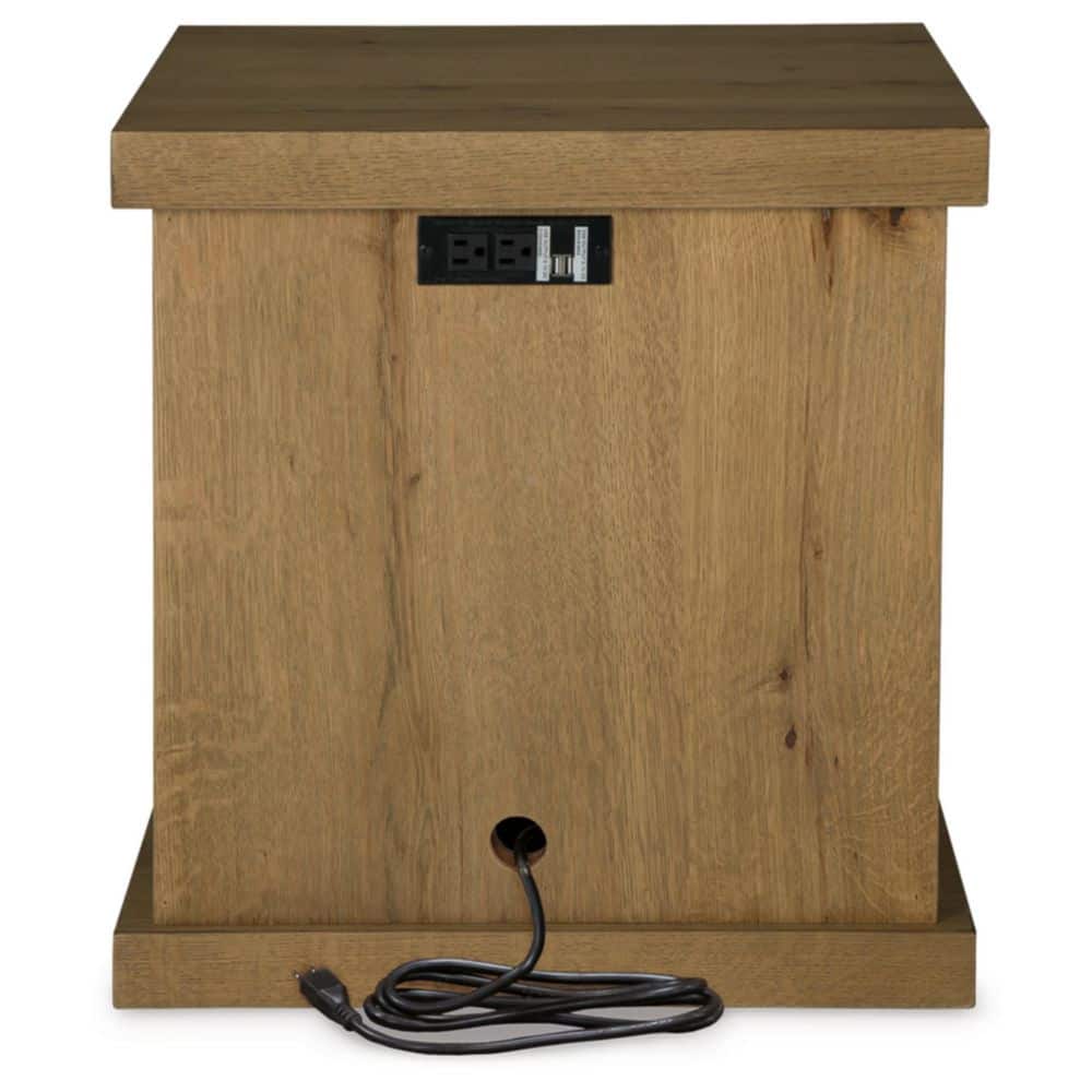 Light Brown Oak Veneer Rectangular End Table with USB Ports