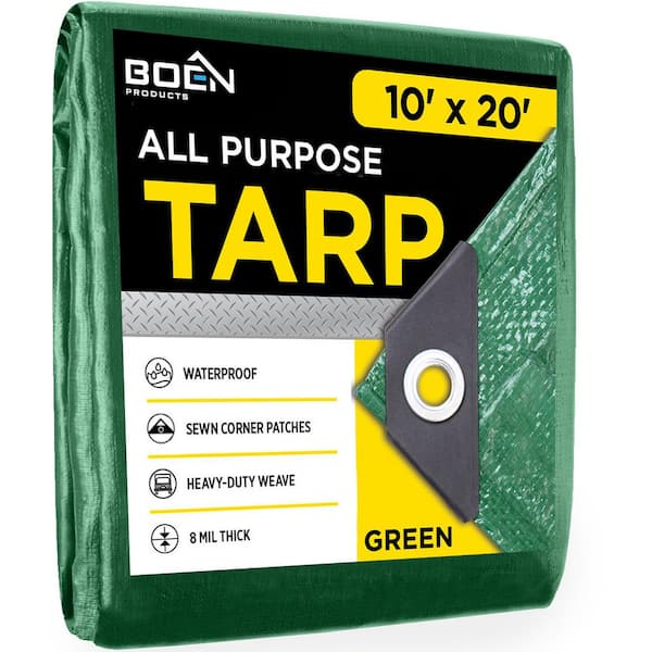 10 ft. x 20 ft. Multi-Purpose Green Poly Tarp Cover 8 Mil Thick Weave Material, Waterproof