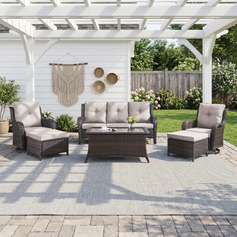 Wellcane 6-Piece Brown Wicker Patio Conversation Set Outdoor Sofa Set with Swivel chair and Olefin Beige Cushions price history on PriceWatchPro