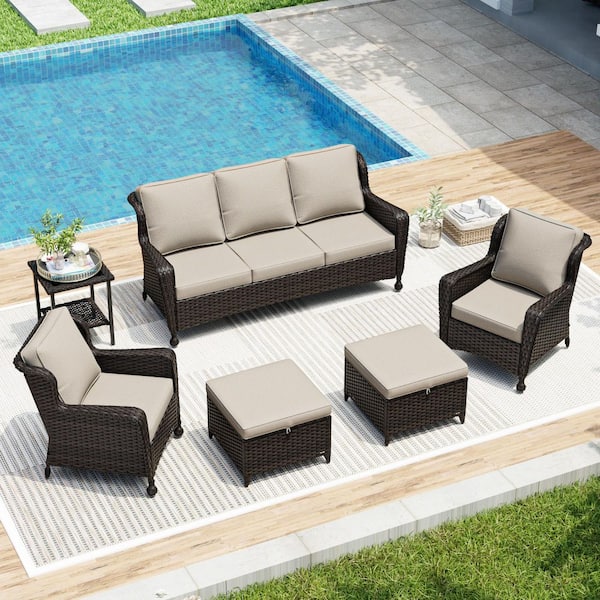 6-Piece Wicker Outdoor Patio Conversation Set Chat Set with Beige Cushions 1 Couch, 2 Chairs, 2 Ottomans and 1 Table