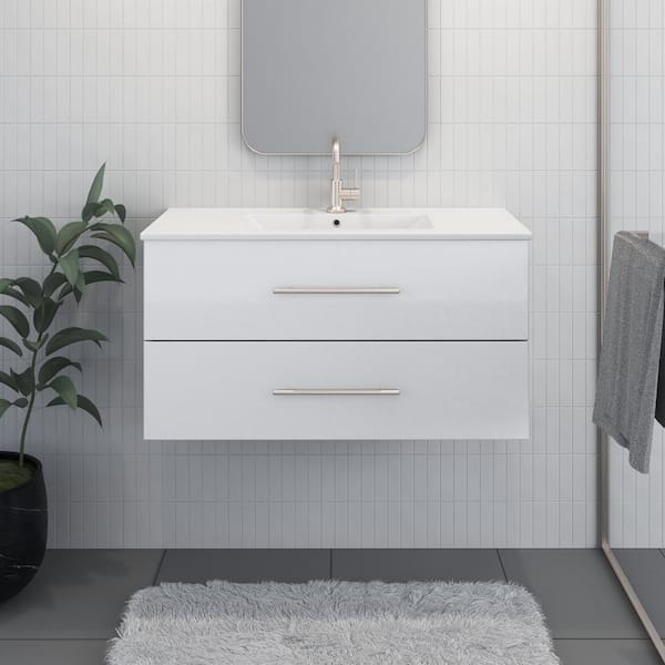 VOLPA USA AMERICAN CRAFTED VANITIES Napa 36 in. W x 18 in. D Floating Bath Vanity in Glossy White with Ceramic Vanity Top in White with White Basin