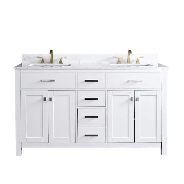 UKISHIRO Double Bathroom vanity top engineered stone carrara white marble color with undermount ceramic sink with back splash