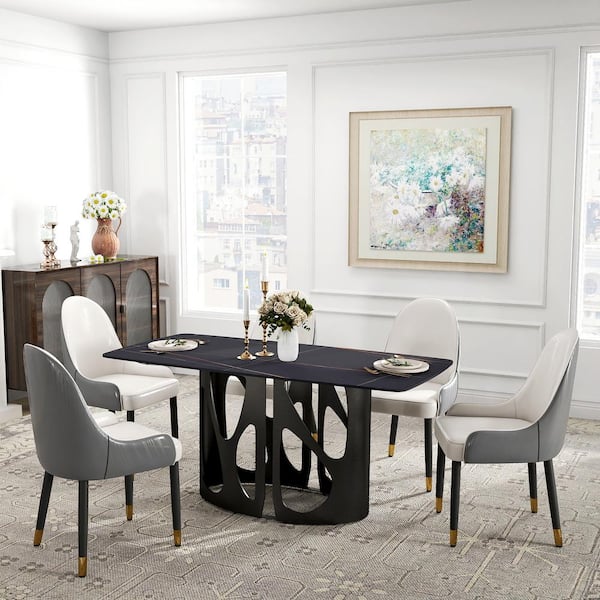 Magic Home 63 in. Black Rectangle Round Edge Sintered Stone Top Pedestal Black Metal Base Dining Table (Seats-6)