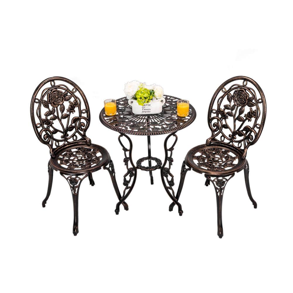 Black Frame 3-Piece Aluminum Cast Bronze Outdoor Patio Bar Height Bistro Set with Unique Rose Design Back for Garden price history on PriceWatchPro