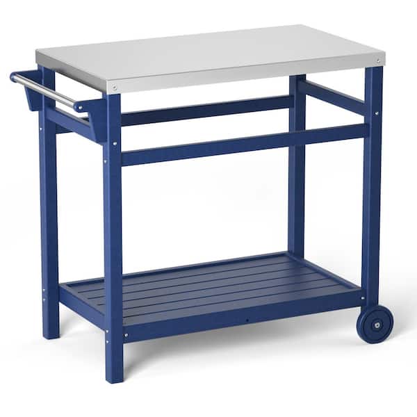 UPLAND Navy Blue Outdoor Prep Cart Dining Table for Pizza Oven, Patio Grilling Backyard BBQ Grill Cart