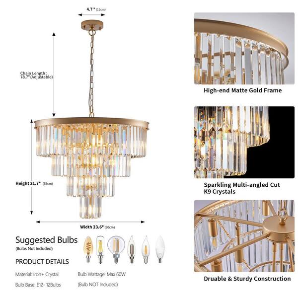 Logmey 12-Light Gold Crystal Chandelier 4-Tier Chandelier For