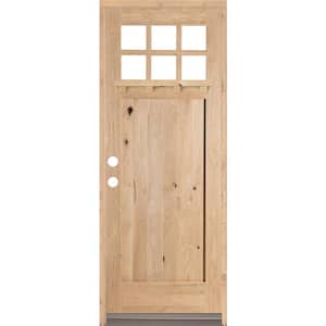 42 in. x 96 in. Craftsman Alder 1 Panel 6-Lite Clear Low-E /Dentil Shelf Right-Hand Unfinished Wood/Prehung Front Door