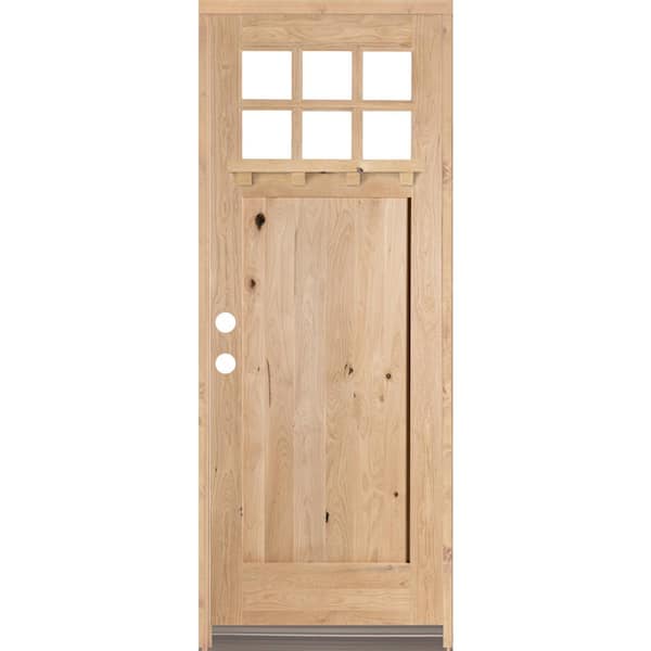 Krosswood Doors 42 in. x 96 in. Craftsman Alder 1 Panel 6-Lite Clear Low-E /Dentil Shelf Right-Hand Unfinished Wood/Prehung Front Door