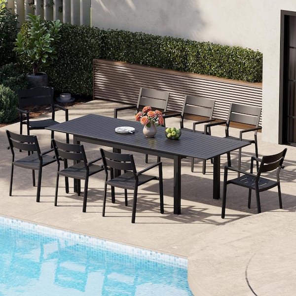 Crestlive Products Black 9-Piece Aluminum Outdoor Dining Set with 94.5 in. Extension and Armchair