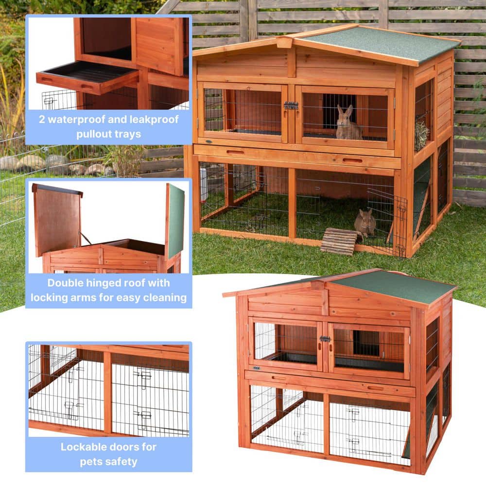 Large Two-Story Wooden Hutch for Guinea Pigs and Rabbits