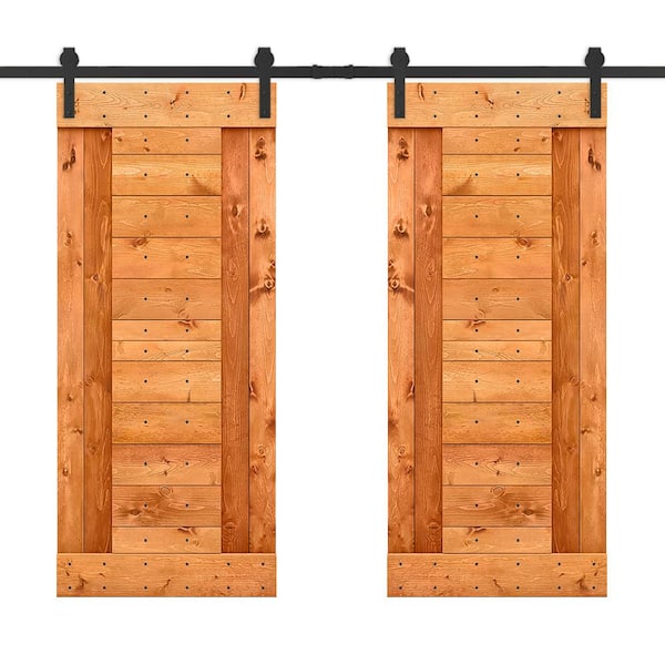 CALHOME 48 in. x 84 in. Red Walnut Stained DIY Knotty Pine Wood Interior Double Sliding Barn Door with Hardware Kit