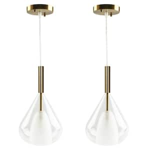 1-Light Gold Modern Cottage Clear Glass Shade Teardrop Dome Hanging Pendant Light Fixture for Kitchen Island (Set of 2)