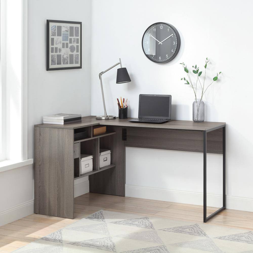 Gray Corner Wood Desk with Drawer and Storage Shelf