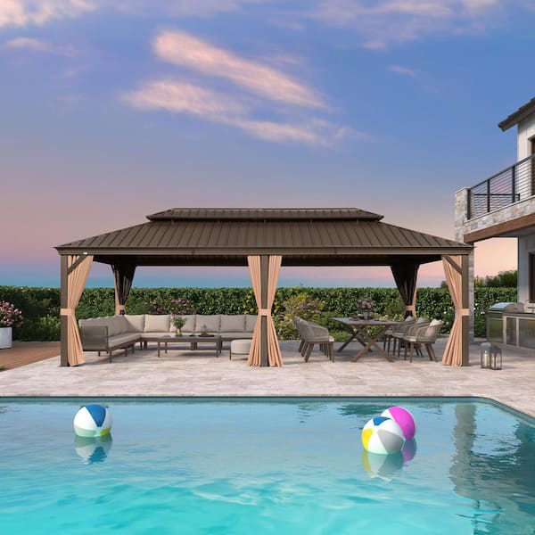 14 ft.x 24 ft.Bronze Aluminum Power-Coated Frame Galvanized Steel Double Roof Hardtop Gazebo,Hooks,Netting,Khaki Curtain