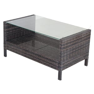 Brown Rectangle PE Wicker Outdoor Coffee Table Patio Furniture Tea Table with Tempered Glass Table Top and Shelf