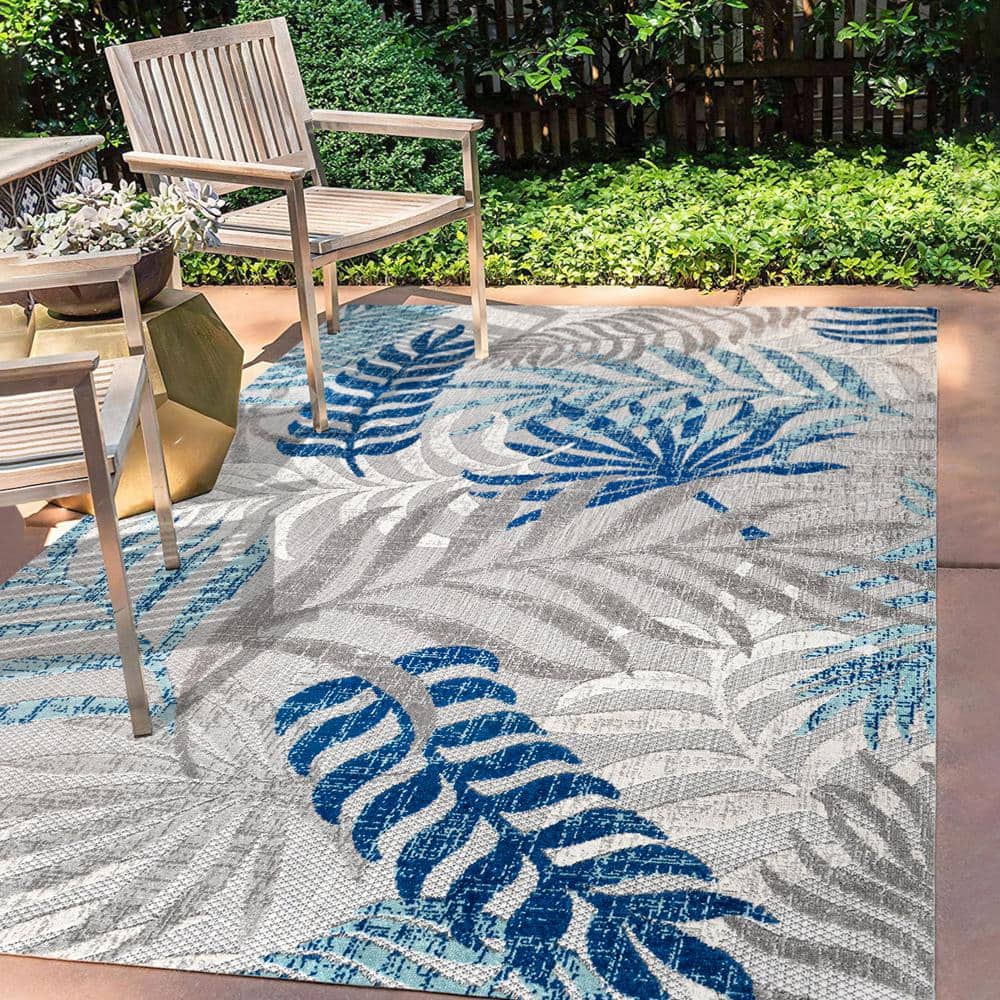 Gray and Blue Palm Leaves 8' x 10' Synthetic Indoor/Outdoor Area Rug
