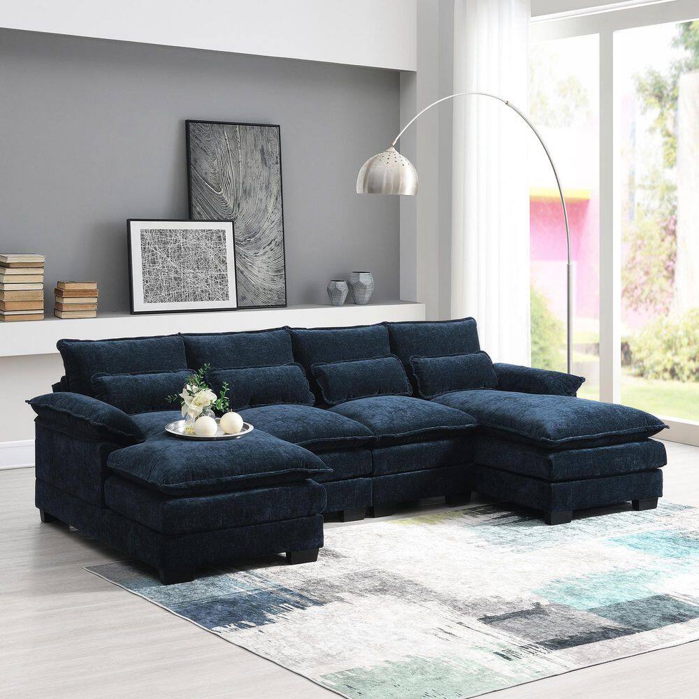110 in. Double Cushion Chenille Modular U-Shaped 6-Seat Sectional Sofa in B