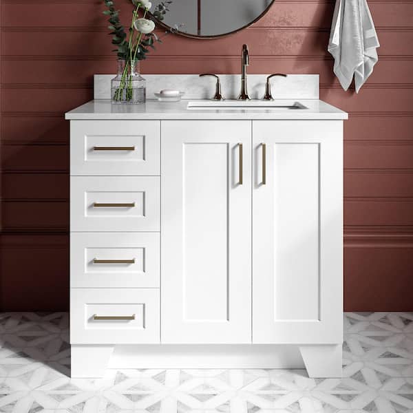 ARIEL Taylor 37 in. W x 22 in. D x 35.25 in. H Freestanding Bath Vanity in White with Carrara White Marble Top