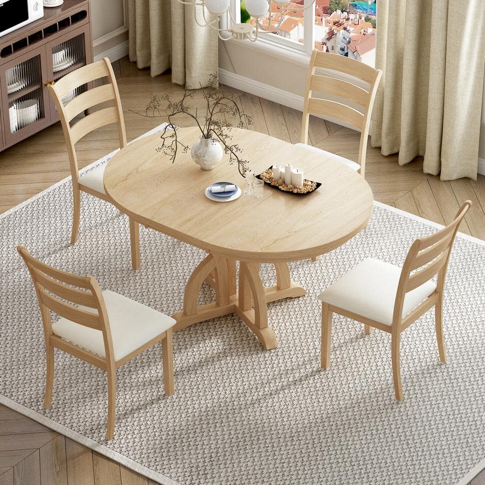 Harper & Bright Designs 5-Piece Natural Wood Top Extendable Round ...