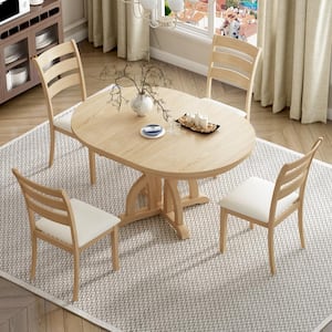 5-Piece Natural Wood Top Extendable Round Dining Table Set with 15.8 in. Removable Leaf, 4 Linen Upholstered Chairs